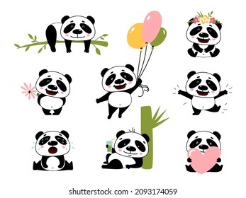 Cartoon panda characters. Pandas stickers, cute poses of chinese zoo animal. Isolated wild funny bear holding bamboo, heart and balloons, classy vector kit