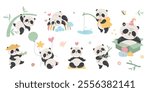 Cartoon panda characters. Panda various poses and emotions. Funny asian animal meditation sleeping on rainbow hang on bamboo fishing, nowaday vector clipart