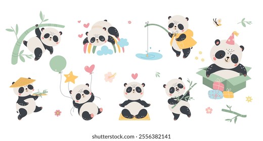 Cartoon panda characters. Panda various poses and emotions. Funny asian animal meditation sleeping on rainbow hang on bamboo fishing, nowaday vector clipart