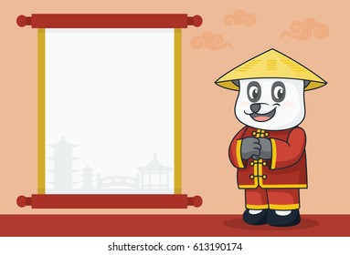 Cartoon Panda in Chinese traditional costume with blank sign, vector