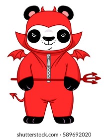 Cartoon panda in demon suit.