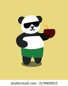 Cartoon panda drinks coconut cocktail in sunglasses. Colored background. Vector illustration. Summer panda. Design element. Flat image