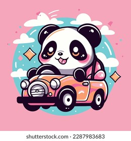 A cartoon panda is driving a car with a pink background and a pink background.