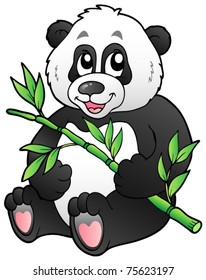 Cartoon panda eating bamboo - vector illustration.