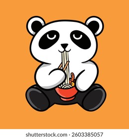 cartoon panda eating ramen with chopstick