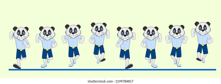 Cartoon Panda Frame by Frame Front Run Cycle, in school dress, Vector Illustration. Design for Motion graphics, 2D Animation, Infographics, Motion Posters, Pose Animation