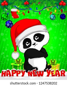 Cartoon panda with gift boxes on green background.