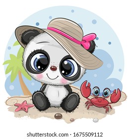 Cartoon Panda Girl in a hat and cute crab on the beach