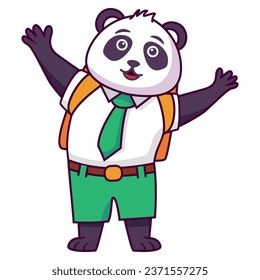 Cartoon panda going to school.A joyful cute lion cub in a school uniform with bag .Kid kawaii tropical animal go to school.Animalistic childish character.Cute animal student.Back to school.