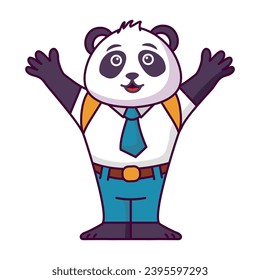 Cartoon panda going to school.A joyful cute lion cub in a school uniform with bag .Kid kawaii tropical animal go to school.Animalistic childish character.Cute animal student.Back to school.