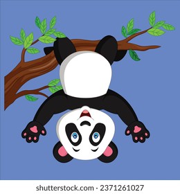 Cartoon panda hanging on tree branch character design illustration