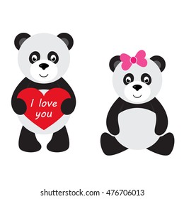 cartoon panda with heart and panda with bow