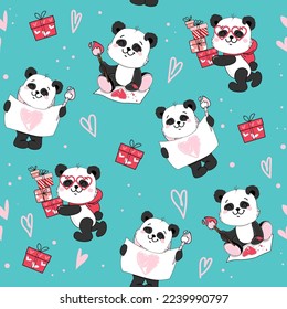 Cartoon panda with heart and gift boxes for valentines day on a blue background seamless pattern. Vector cartoon illustration in kawaii style