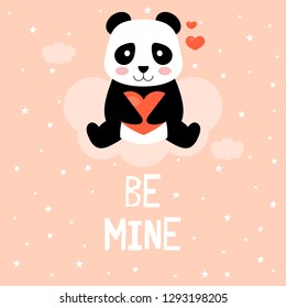 Cartoon panda with hearts, vector print
