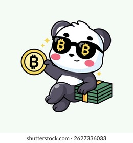 Cartoon Panda Holding Bitcoin and Money
