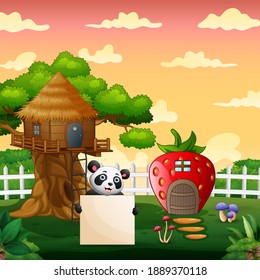 Cartoon panda holding blank sign in the middle of treehouse and strawberry house