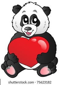 Cartoon panda holding red heart - vector illustration.