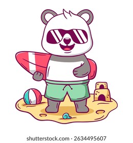 Cartoon panda is holding a surfboard and wearing sunglasses. The panda is standing on a beach with a beach ball and a sandcastle in the background