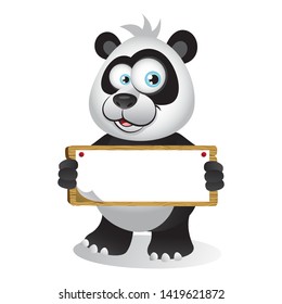 Cartoon Panda holding a wooden board signage with both hands