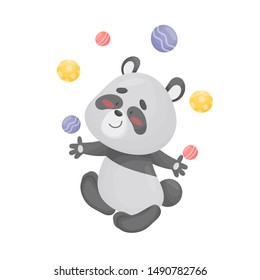 Cartoon panda juggler. Vector illustration on a white background.