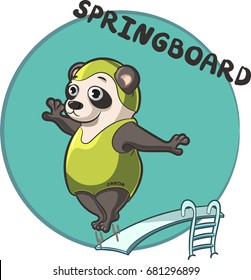Cartoon panda jumping into the water from a springboard on round blue background.