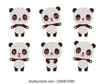 Cartoon panda kawaii style emoji. Baby panda bear character set various emotions. Kawaii animal facial expressions - calm, happy, laughing, smiling, waving, winking. Cute panda character chibi style.