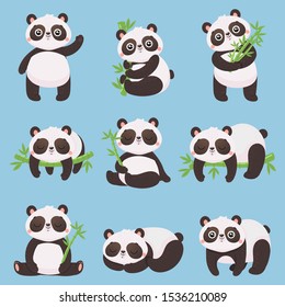 Niños panda de caricatura. Pequeños pandas, animales divertidos con bambú y adorable oso panda dormido. Mascota de perro pandas mamíferos o juguetes para niños. Conjunto de iconos de ilustración vectorial aislados