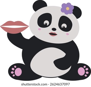 Cartoon Panda with Lips and Flower. Kawaii panda vector illustration.
