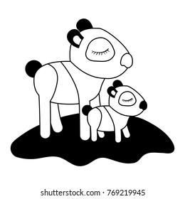 cartoon panda mom with cub over grass in black silhouette