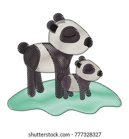 cartoon panda mom with cub over grass in colored crayon silhouette