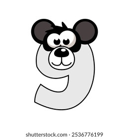 Cartoon Panda número 9, figura 9. Desenho animado de número com um conceito animal. Caligrafia, letras, tipografia para seus cartões de Educação ou jogo