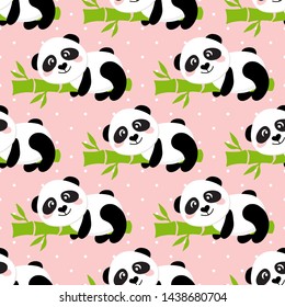 Cartoon Panda on Bamboo trees seamless pattern background. Vector illustration of cute animals on pink backdrop.