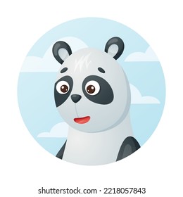 Cartoon panda on blue sky background with clouds, vector isolated animal label in circle shape.