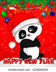 Cartoon panda on green background. Vector illustration.