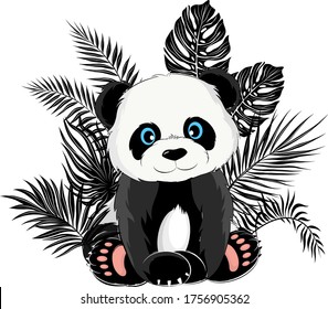 cartoon Panda with palm leaves vector illustration print