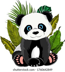 cartoon Panda with palm leaves vector illustration print