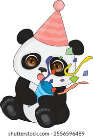 Cartoon Panda in Party Hat and Confetti Vector