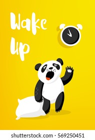 Cartoon panda with pillow wakes up. Good morning card with alarm clock and bear. Vector illustration.