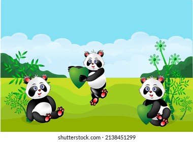 Cartoon panda playing on green hill background