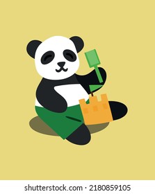 Cartoon panda playing in sand castle. Image isolated on colored background. Flat. Vector illustration. Design element. Summer time.