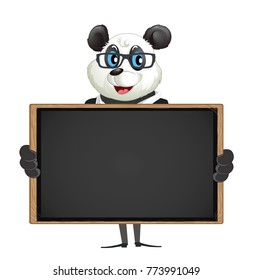 Cartoon Panda poses with blank blackboard for use in advertising, presentations, brochures, documents and forms, etc