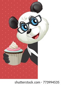 Cartoon Panda poses with CupCake behind blank white page for use in advertising, presentations, brochures,documents and forms, etc