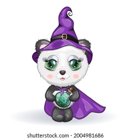Cartoon panda with potion and broomstick wearing purple witch hat and cloak. Halloween poster