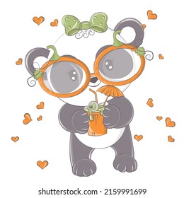 Cartoon panda with pumpkin cocktail. Vector illustration of Halloween animal. Cute little illustration Halloween bear for kids, fairy tales, covers, baby shower, textile t-shirt, baby book.