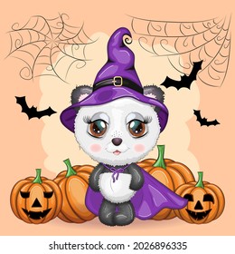 Cartoon panda in a purple witch's hat and cloak with pumpkins, against the backdrop of a cobweb, castle, moon and trees. Halloween poster