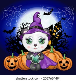 Cartoon panda in a purple witch's hat and cloak with pumpkins, against the backdrop of a cobweb, castle, moon and trees. Halloween poster
