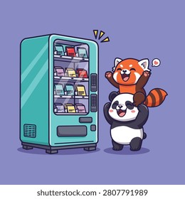 Cartoon Panda and Red Panda with Vending Machine Vector Illustration