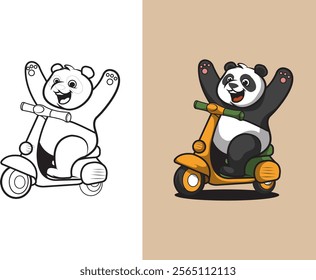 cartoon panda riding scooter vector illustration