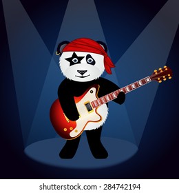 Cartoon panda in rock bandana playing rock music under spotlights. eps 10 vector illustration