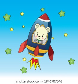 Cartoon Panda in Raketenraumschiff starten, Sterne, einzelne Vektorgrafik.